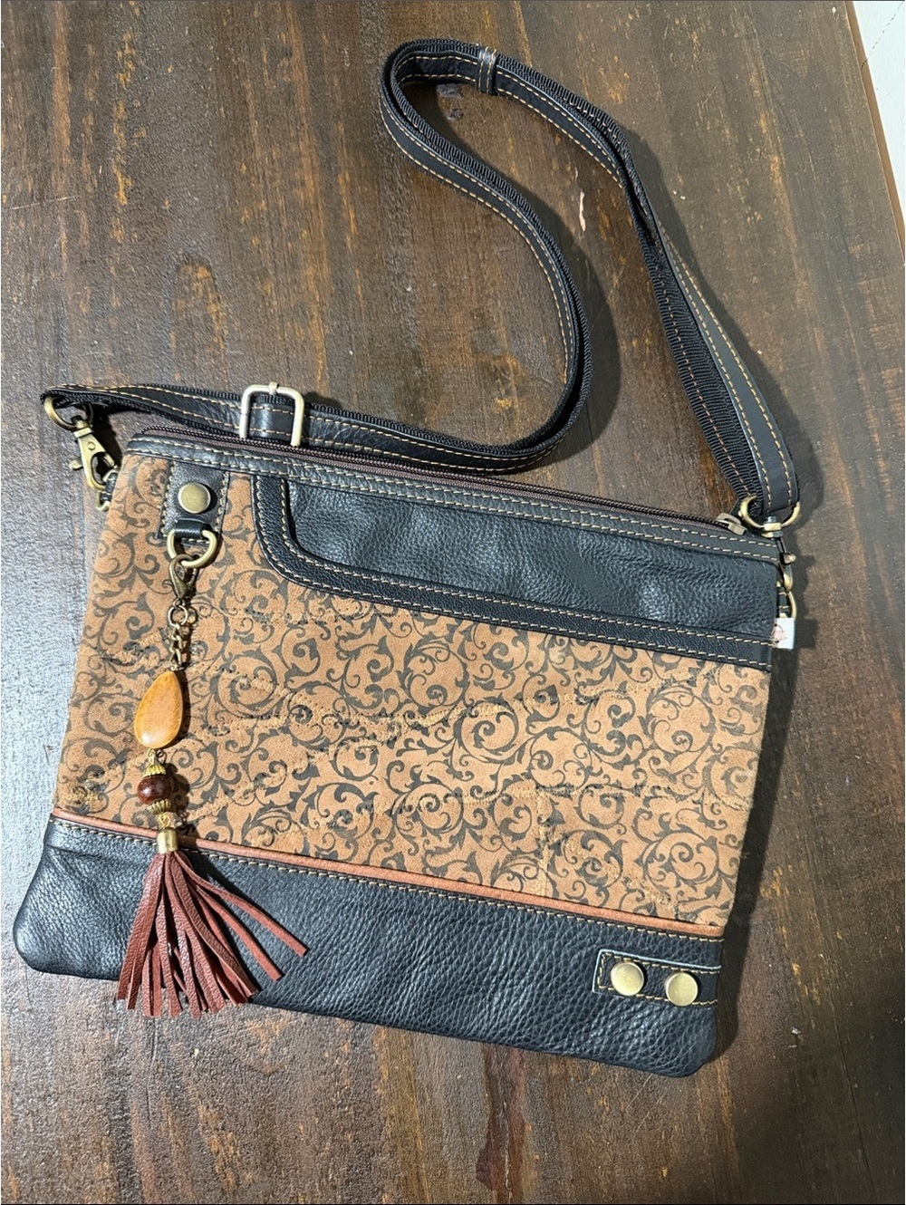 Vaan & Co Brown and Black Leather Crossbody Bag with Tassel Charm